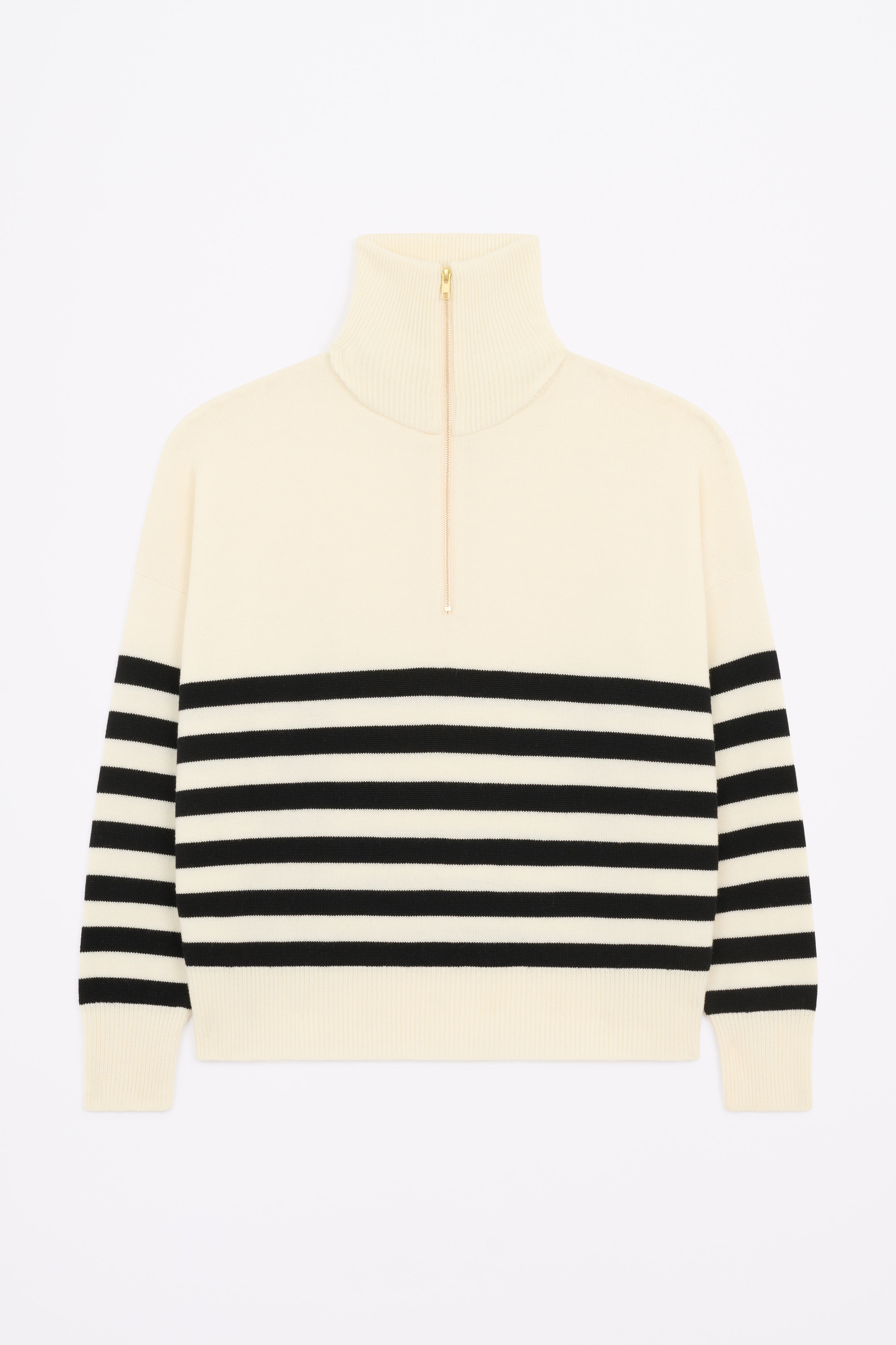 Produit Pull Aïda col zippé écru/noir confectionné par la marque Parisienne Tricots Jean Marc 1972.