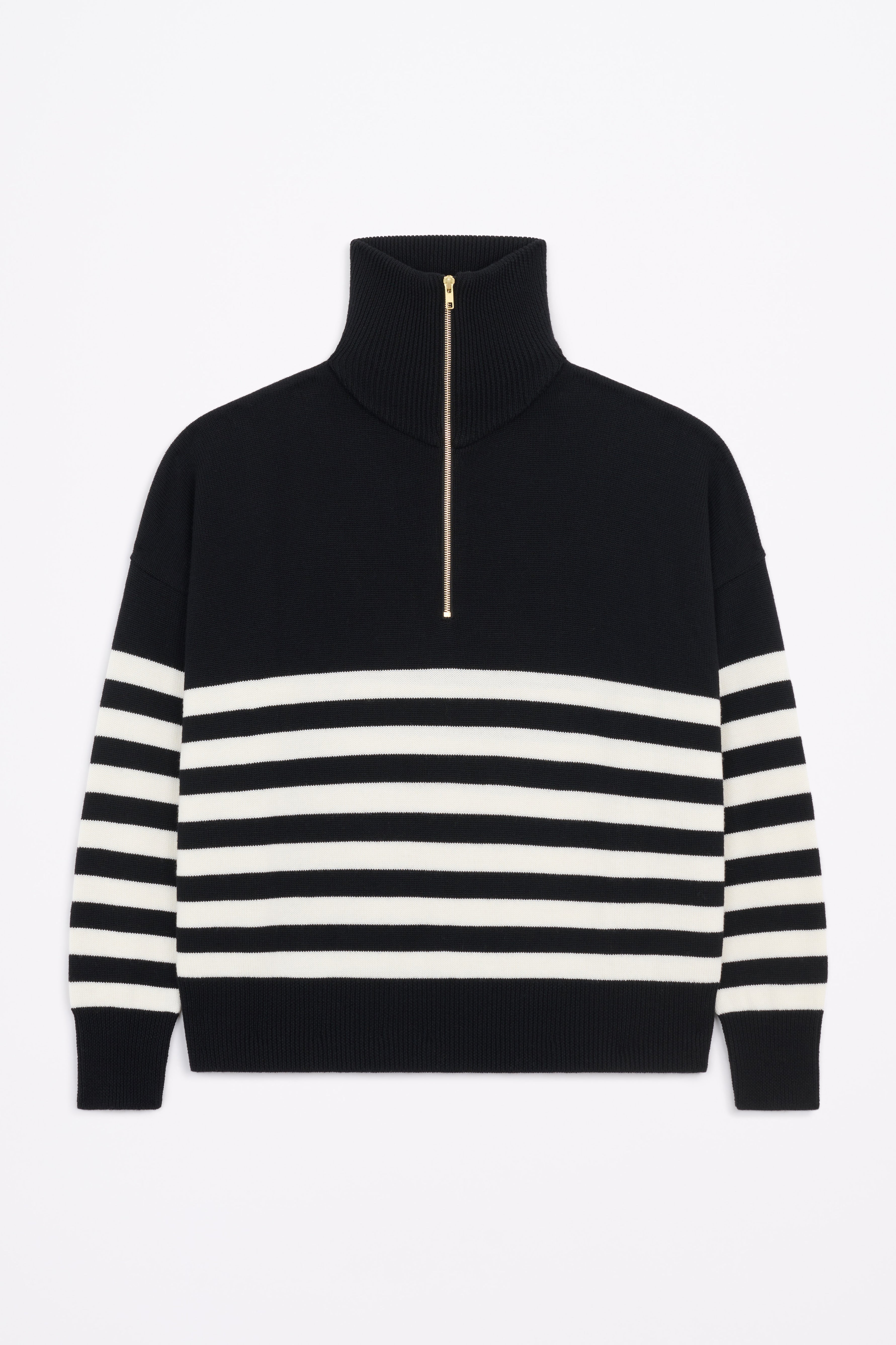 Produit Pull Aïda col zippé noir/écru confectionné par la marque Parisienne Tricots Jean Marc 1972.