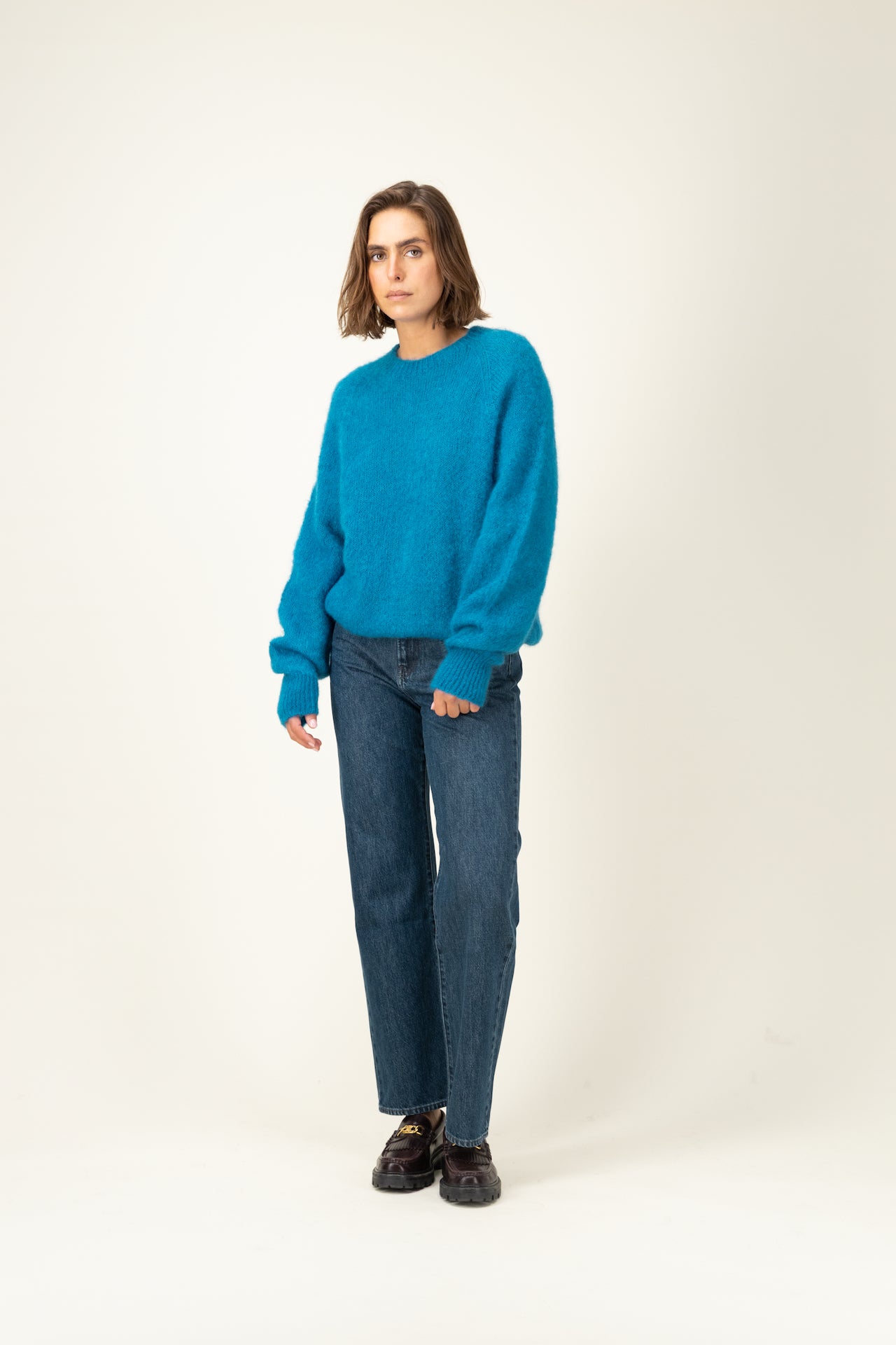 Produit Anouch col rond bleu canard confectionné par la marque Parisienne Tricots Jean Marc 1972.