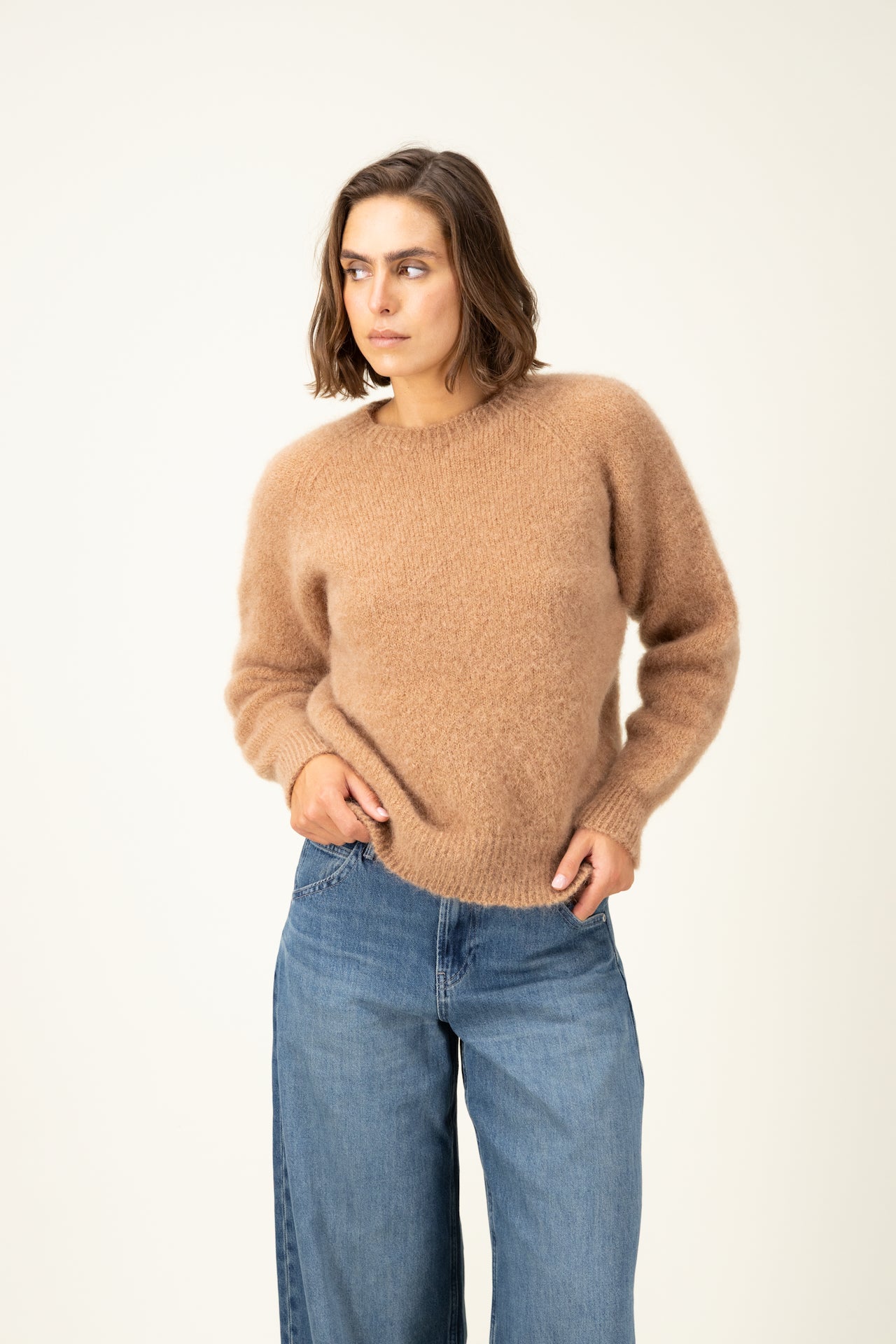 Produit Anouch col rond camel confectionné par la marque Parisienne Tricots Jean Marc 1972.