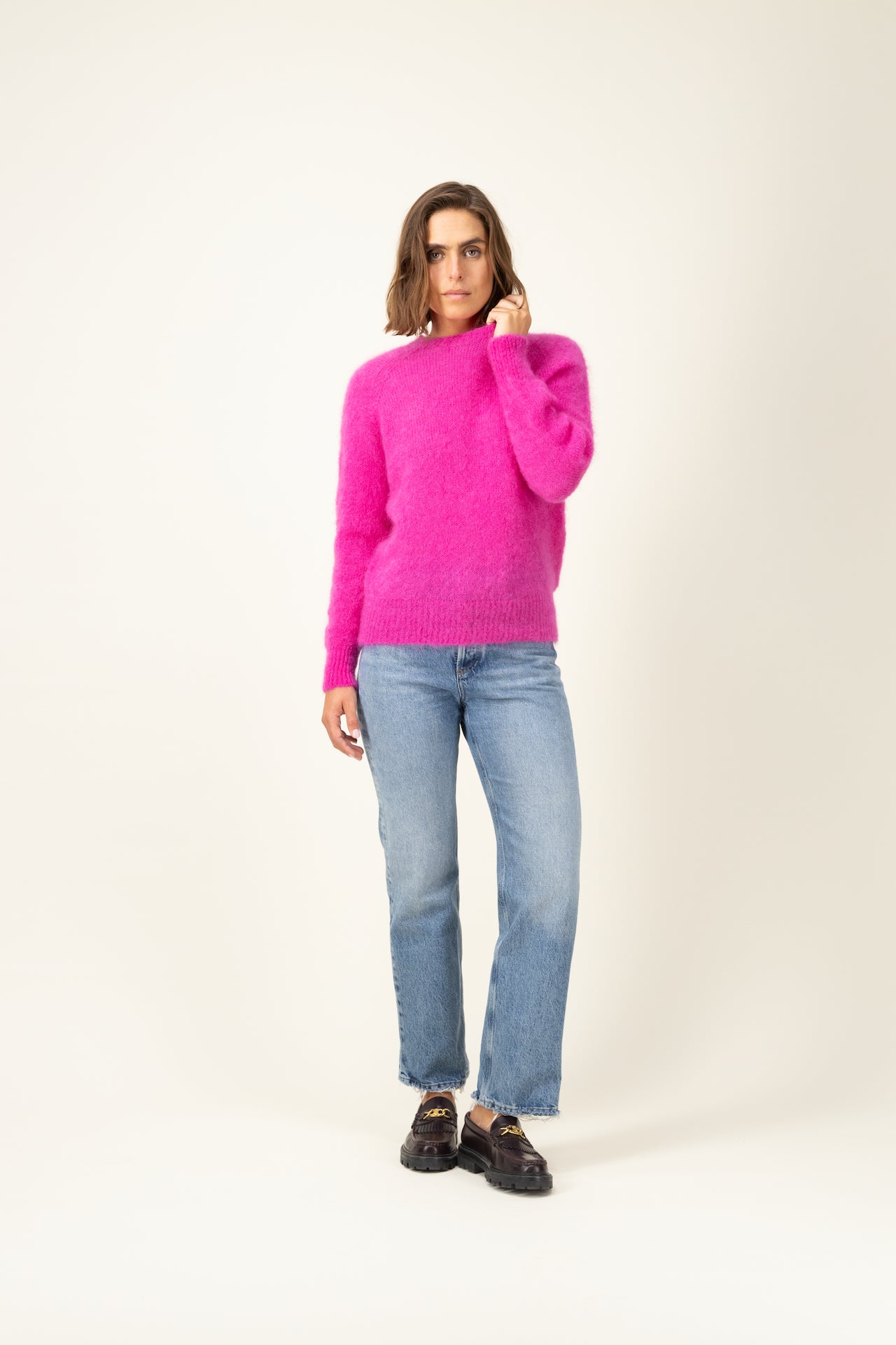 Produit Anouch col rond fuchsia confectionné par la marque Parisienne Tricots Jean Marc 1972.