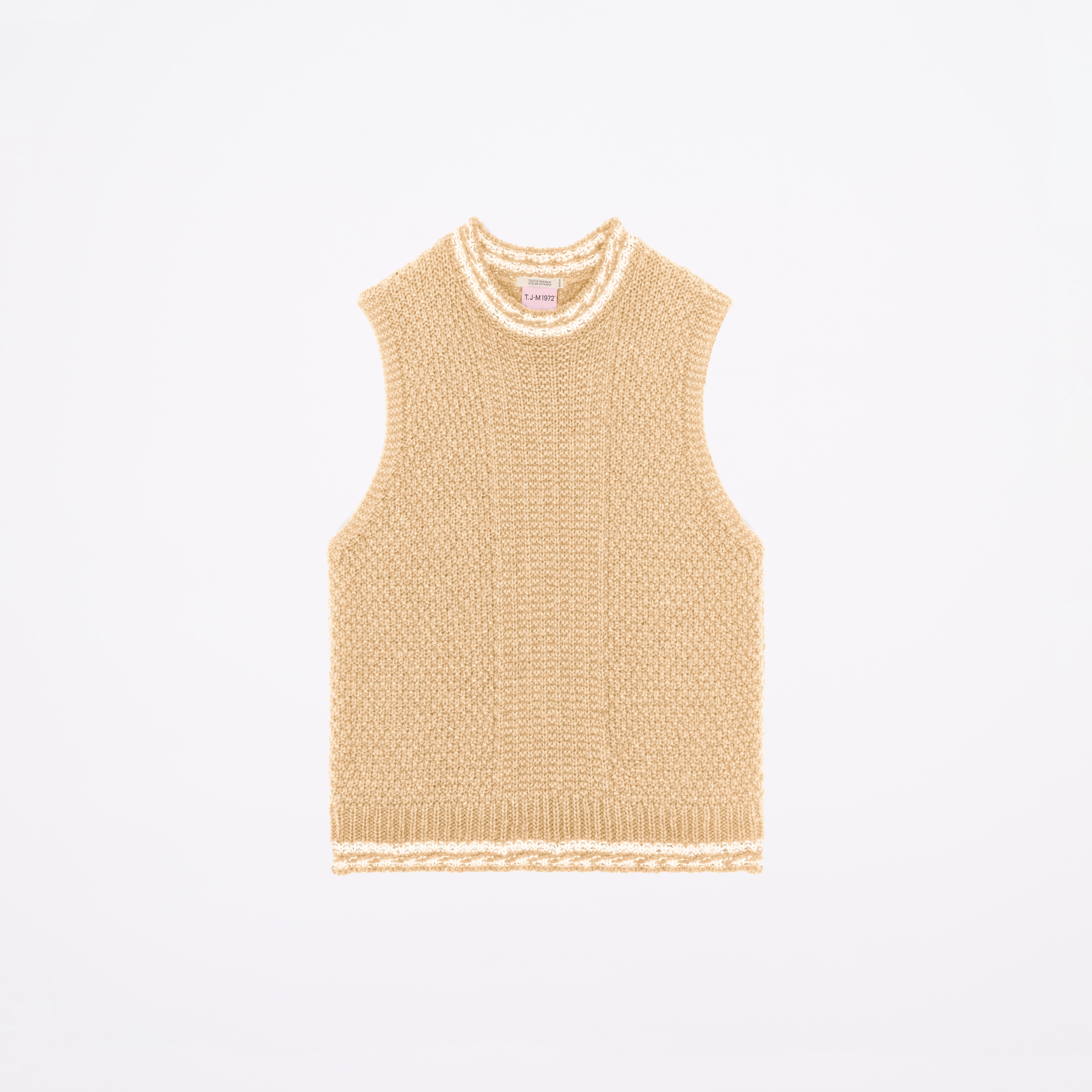 Produit Débardeur Méliné Camel / Écru confectionné par la marque Parisienne Tricots Jean Marc 1972.
