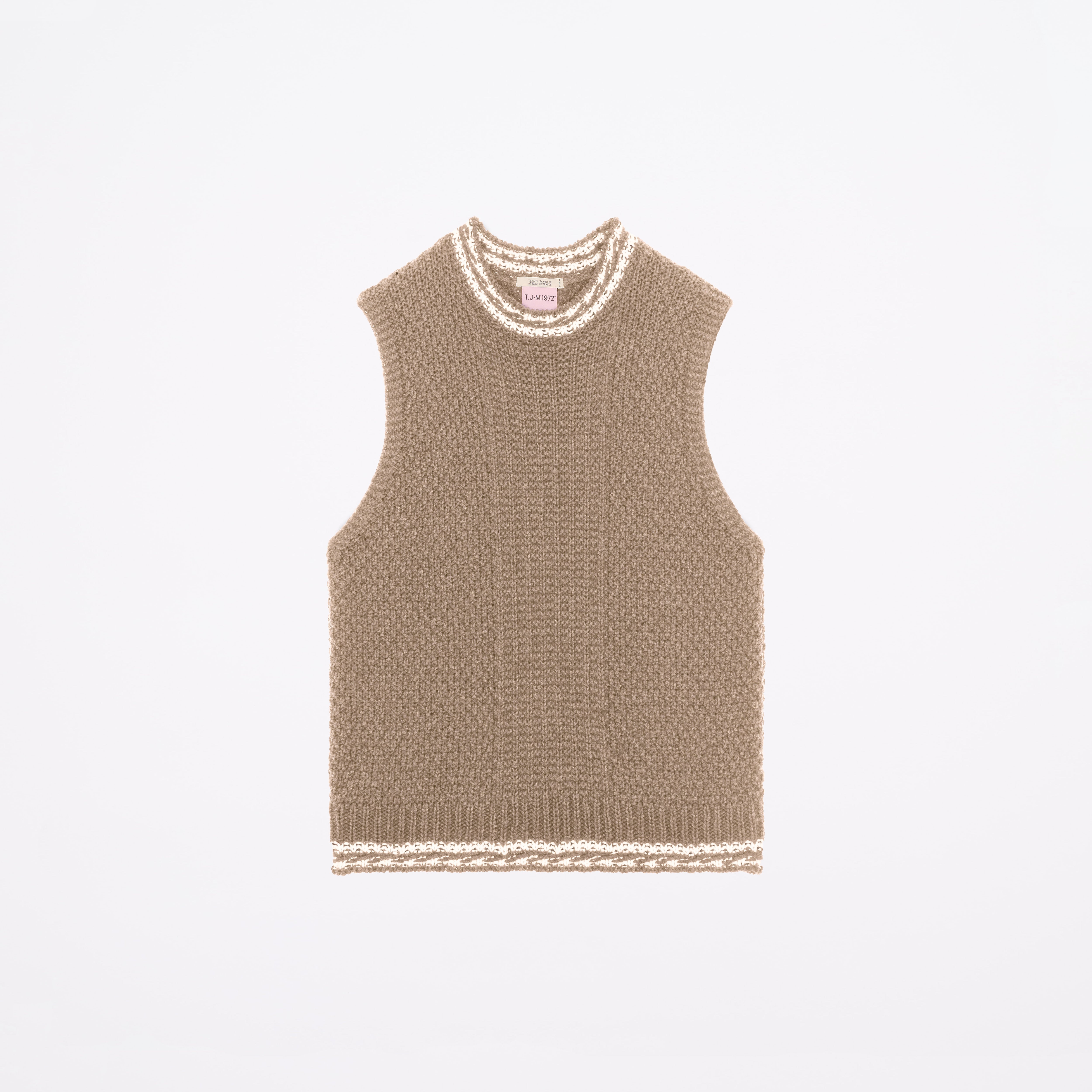 Produit Débardeur Méliné Taupe / Écru confectionné par la marque Parisienne Tricots Jean Marc 1972.