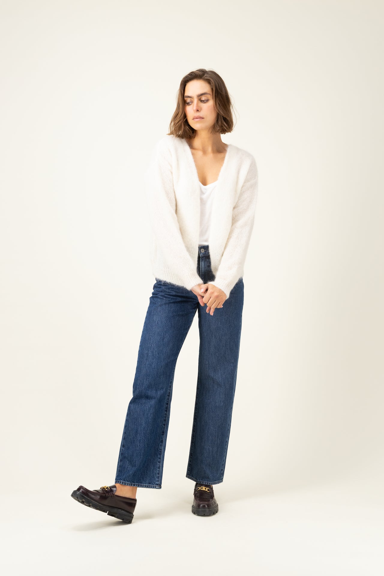 Produit Gilet Anouch écru confectionné par la marque Parisienne Tricots Jean Marc 1972.