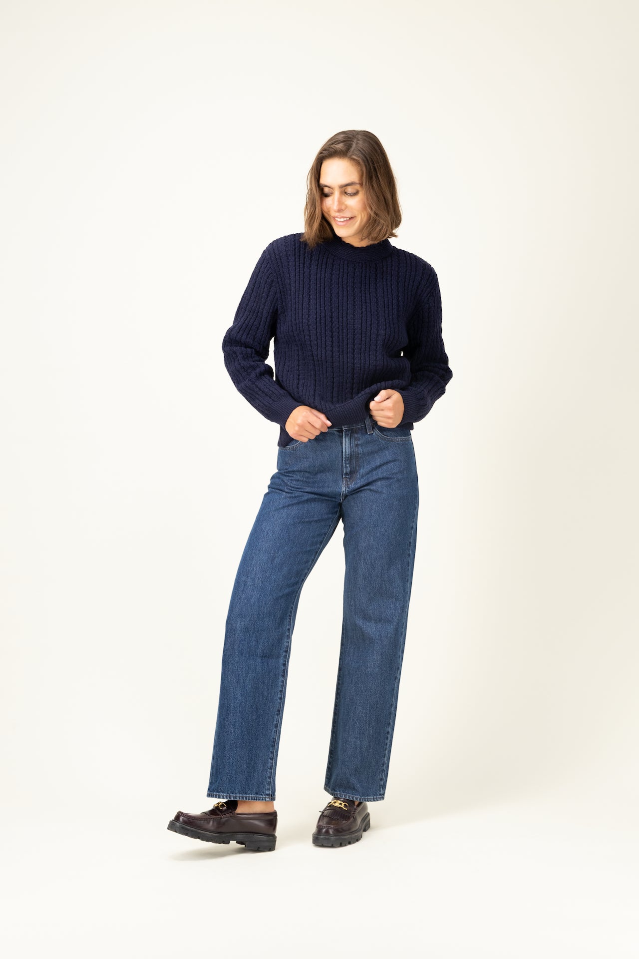 Produit Pull Méliné col rond Marine confectionné par la marque Parisienne Tricots Jean Marc 1972.