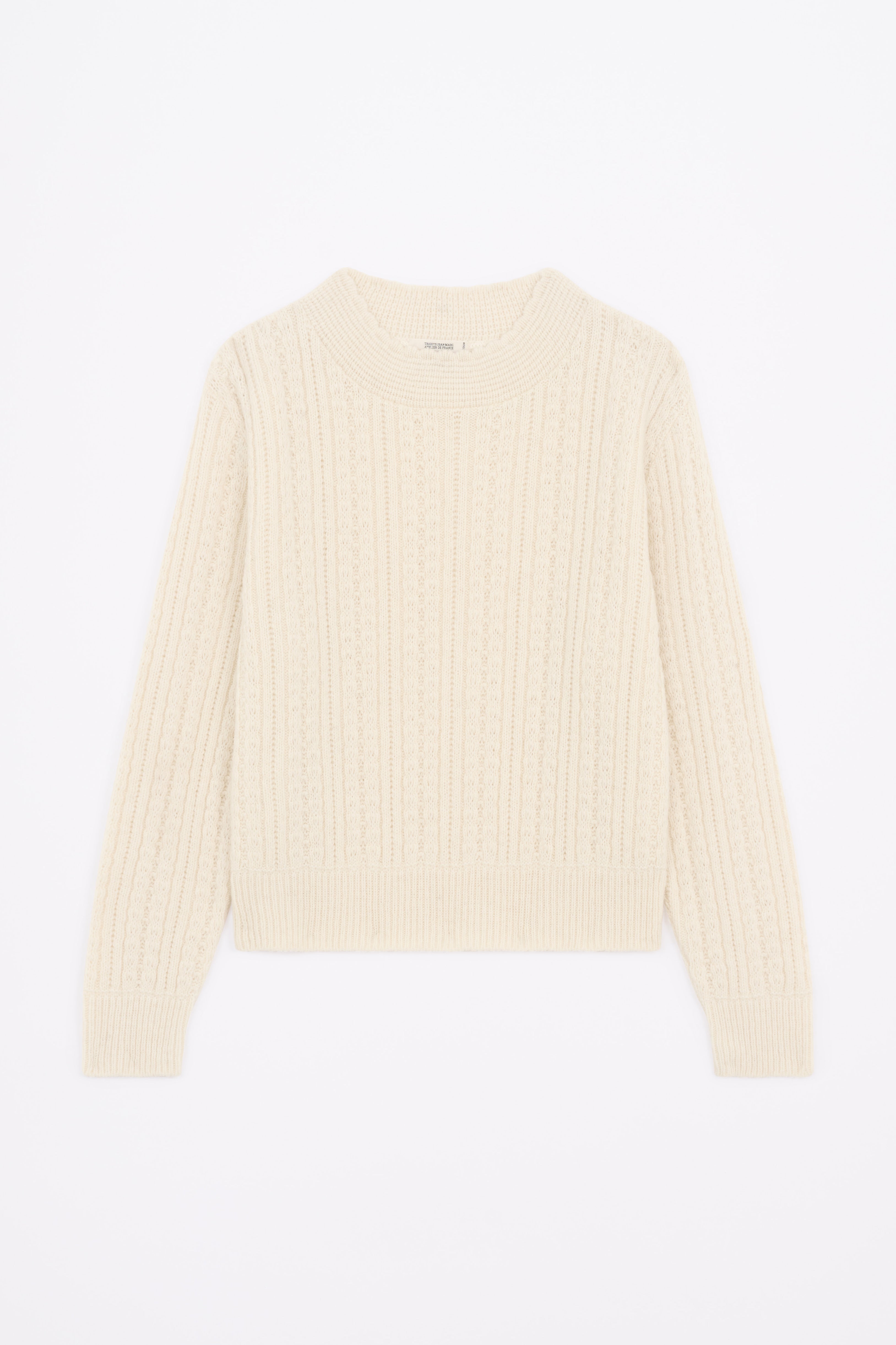 Produit Pull Méliné col rond écru confectionné par la marque Parisienne Tricots Jean Marc 1972.