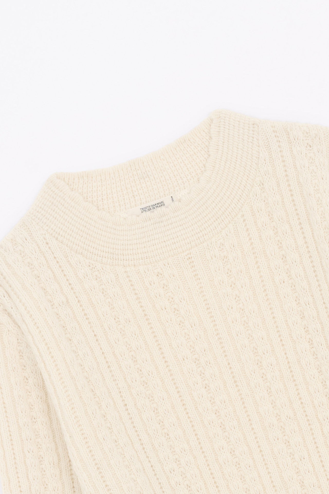 Produit Pull Méliné col rond écru confectionné par la marque Parisienne Tricots Jean Marc 1972.