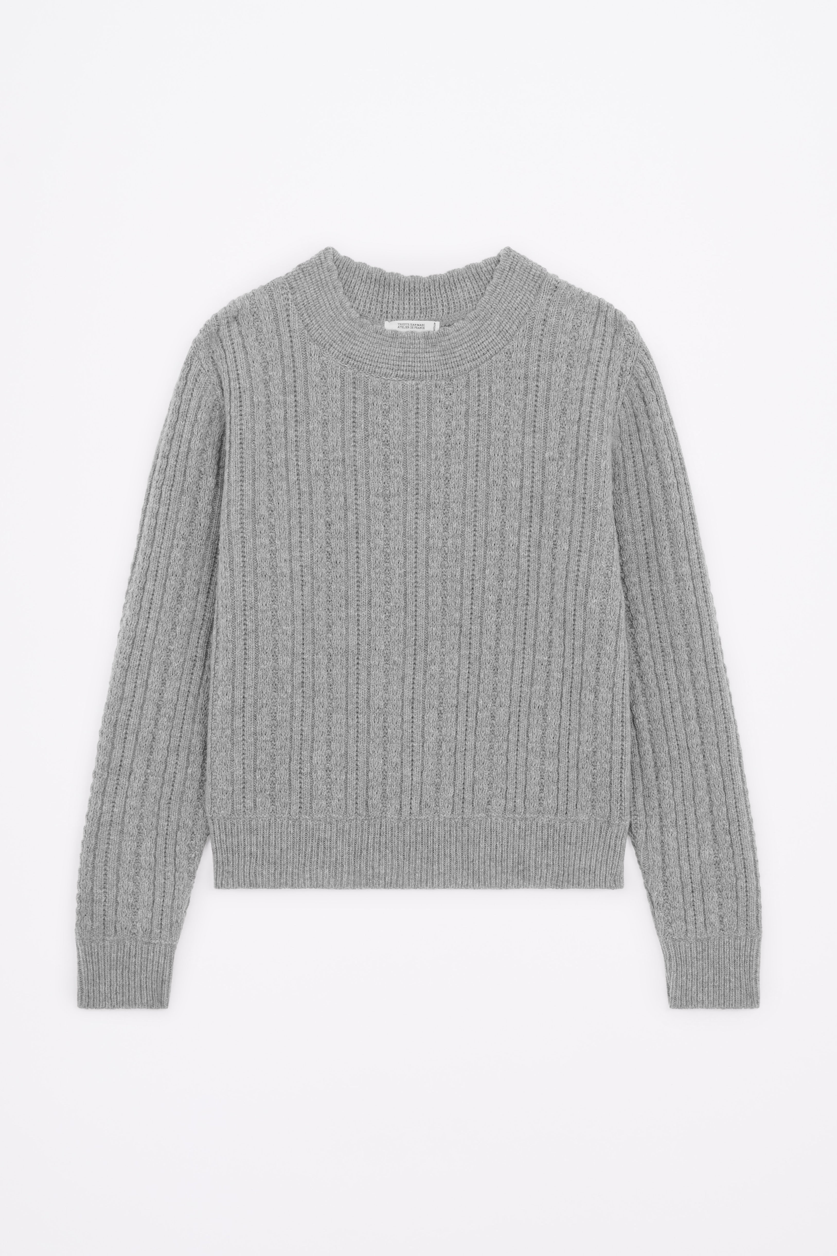 Produit Pull Méliné col rond gris chiné confectionné par la marque Parisienne Tricots Jean Marc 1972.