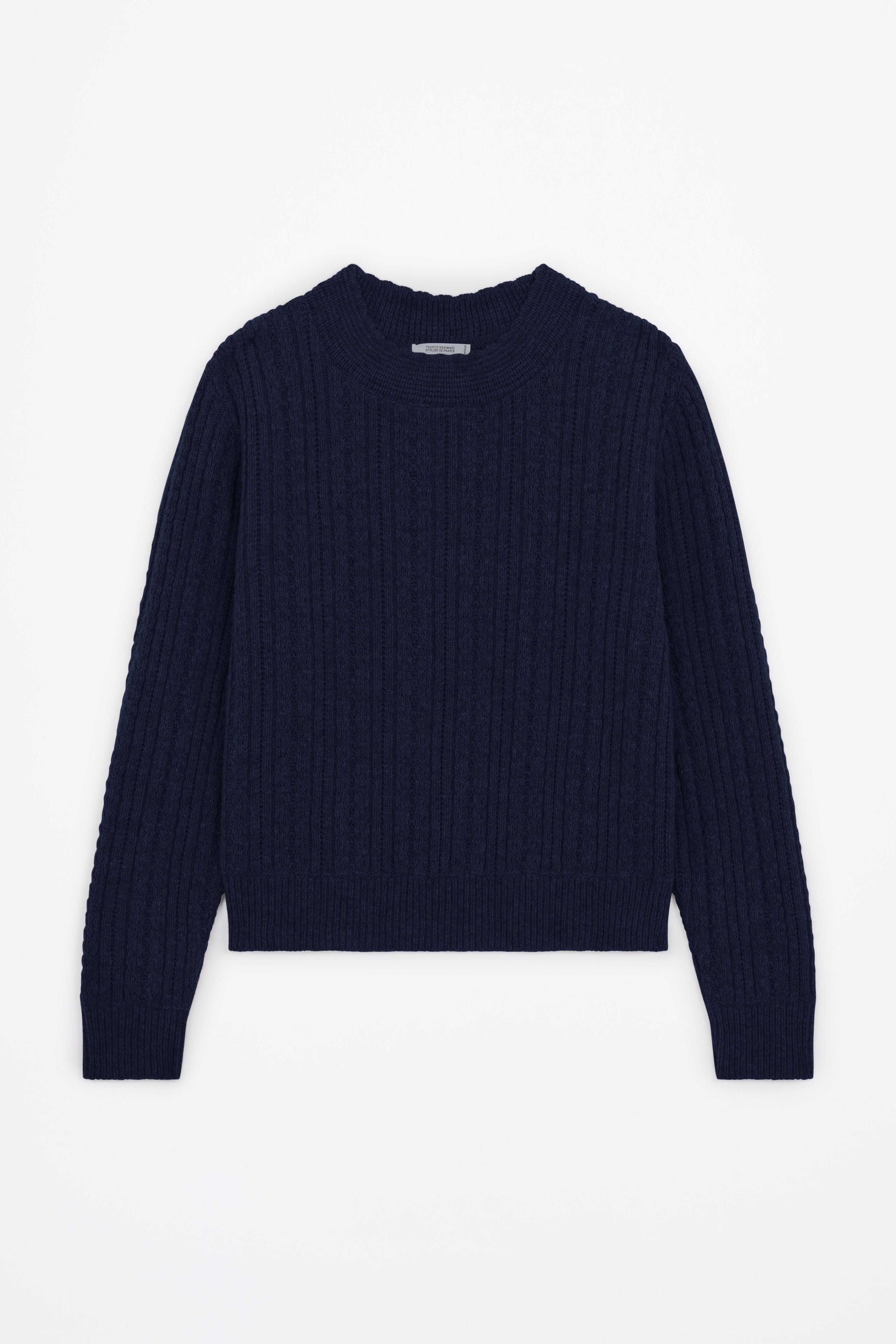 Produit Pull Méliné col rond Marine confectionné par la marque Parisienne Tricots Jean Marc 1972.