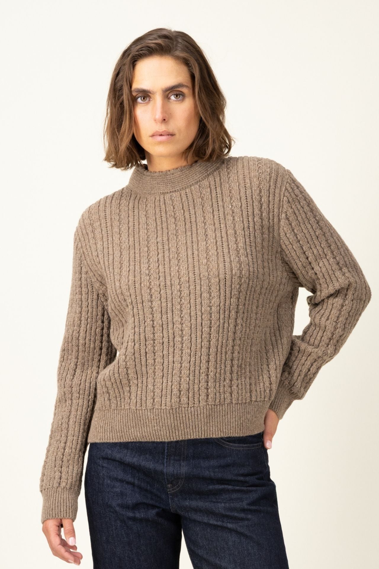 Produit Pull Méliné col rond taupe confectionné par la marque Parisienne Tricots Jean Marc 1972.