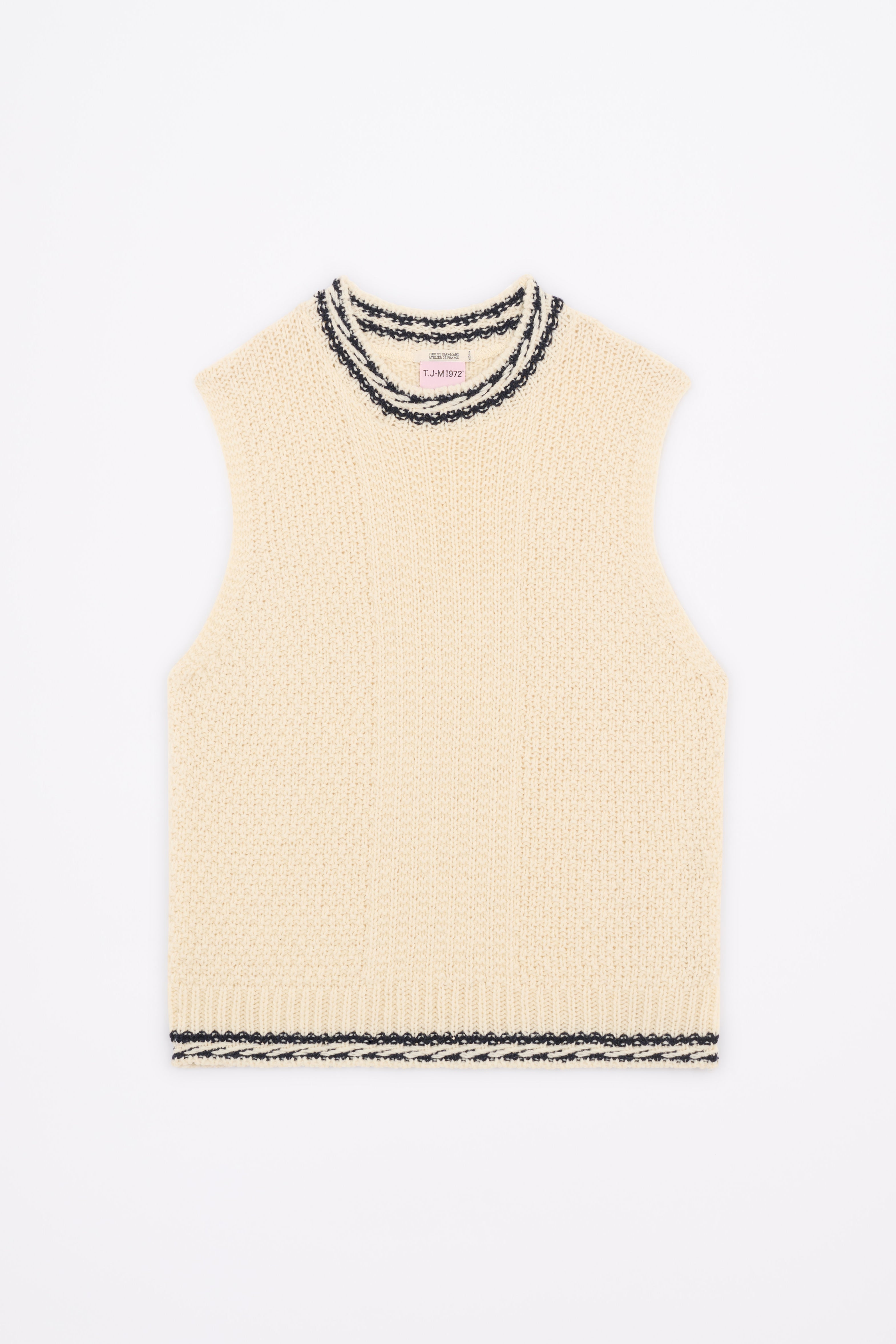 Produit Débardeur Méliné Écru / Marine confectionné par la marque Parisienne Tricots Jean Marc 1972.