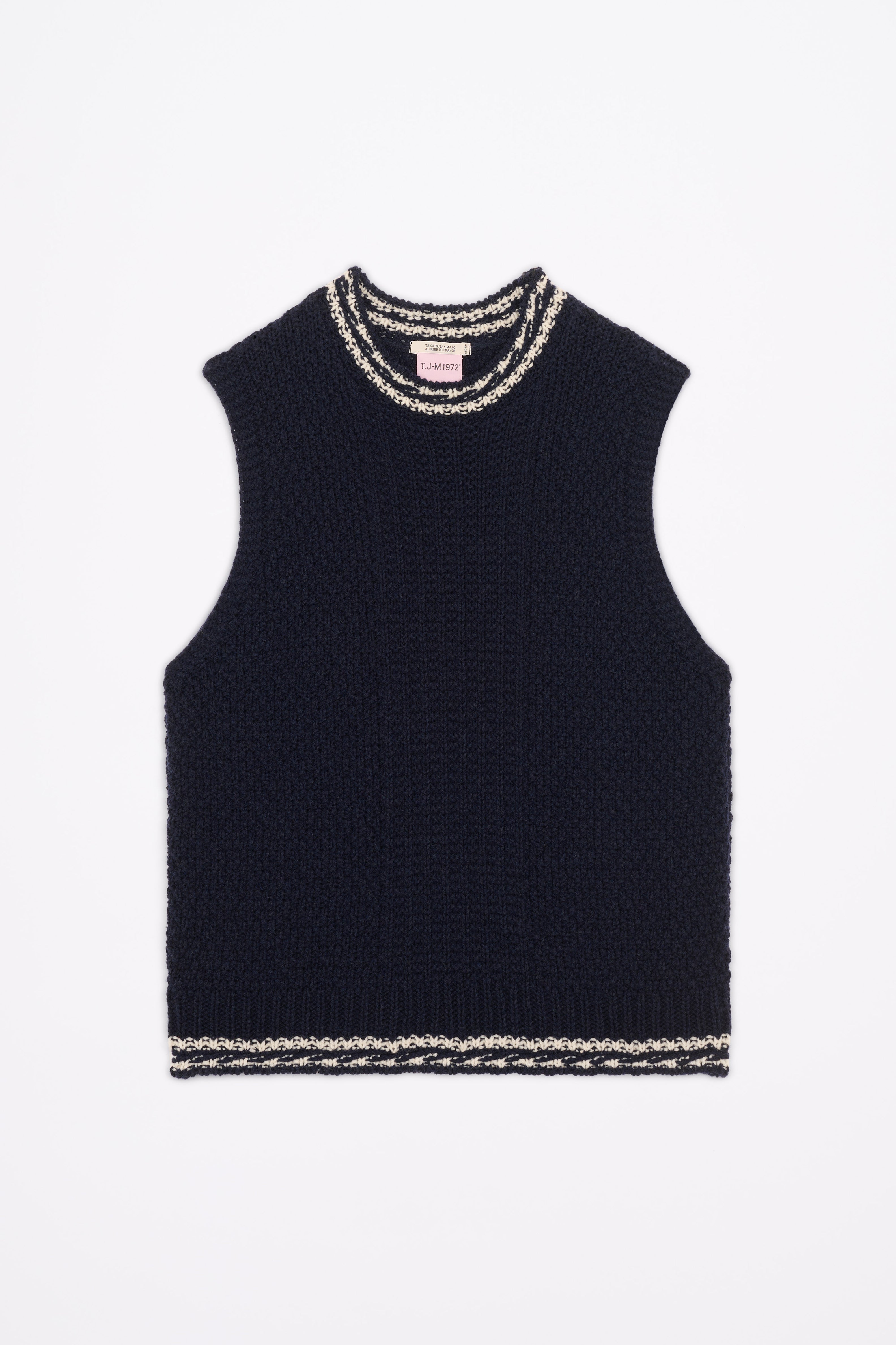 Produit Débardeur Méliné Marine / Écru confectionné par la marque Parisienne Tricots Jean Marc 1972.