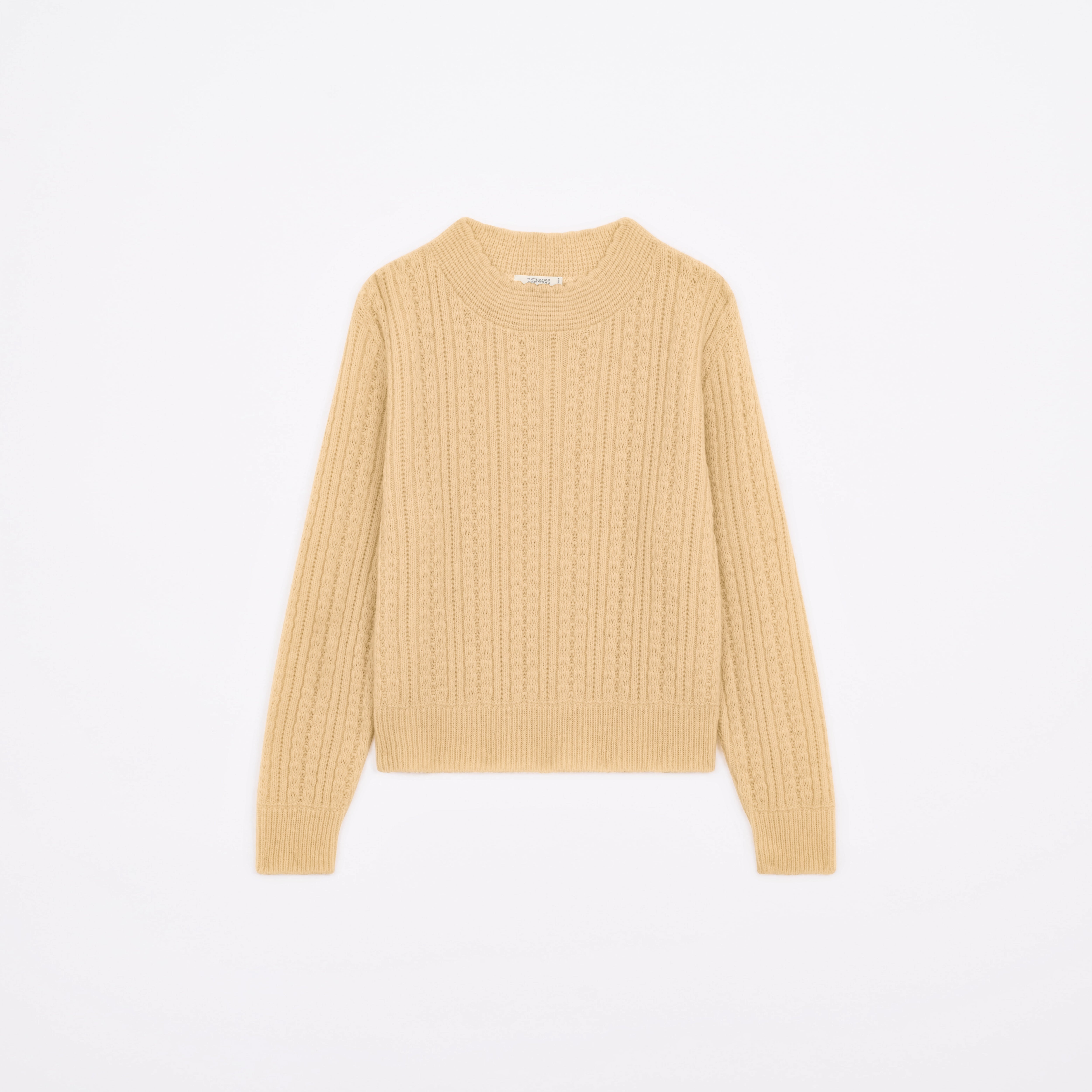 Produit Pull Méliné col rond Camel confectionné par la marque Parisienne Tricots Jean Marc 1972.