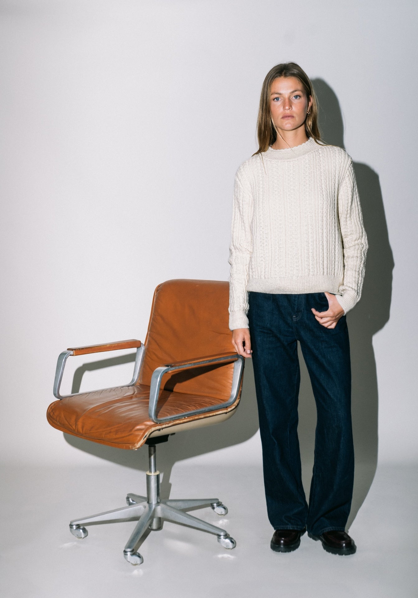 Produit Pull Méliné col rond écru confectionné par la marque Parisienne Tricots Jean Marc 1972.