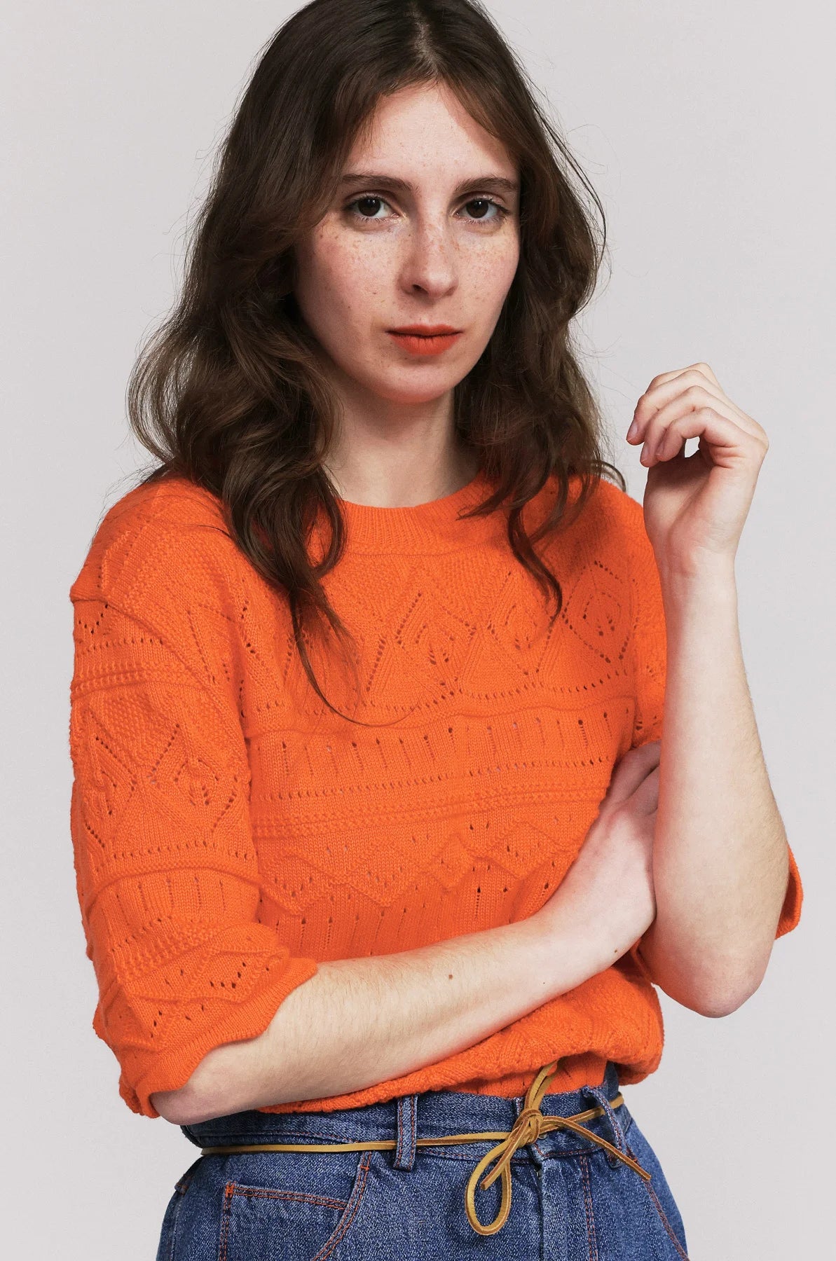 Produit maille Taline manches courtes couleur Orange tricoté par la marque Parisienne Tricots Jean Marc 1972.