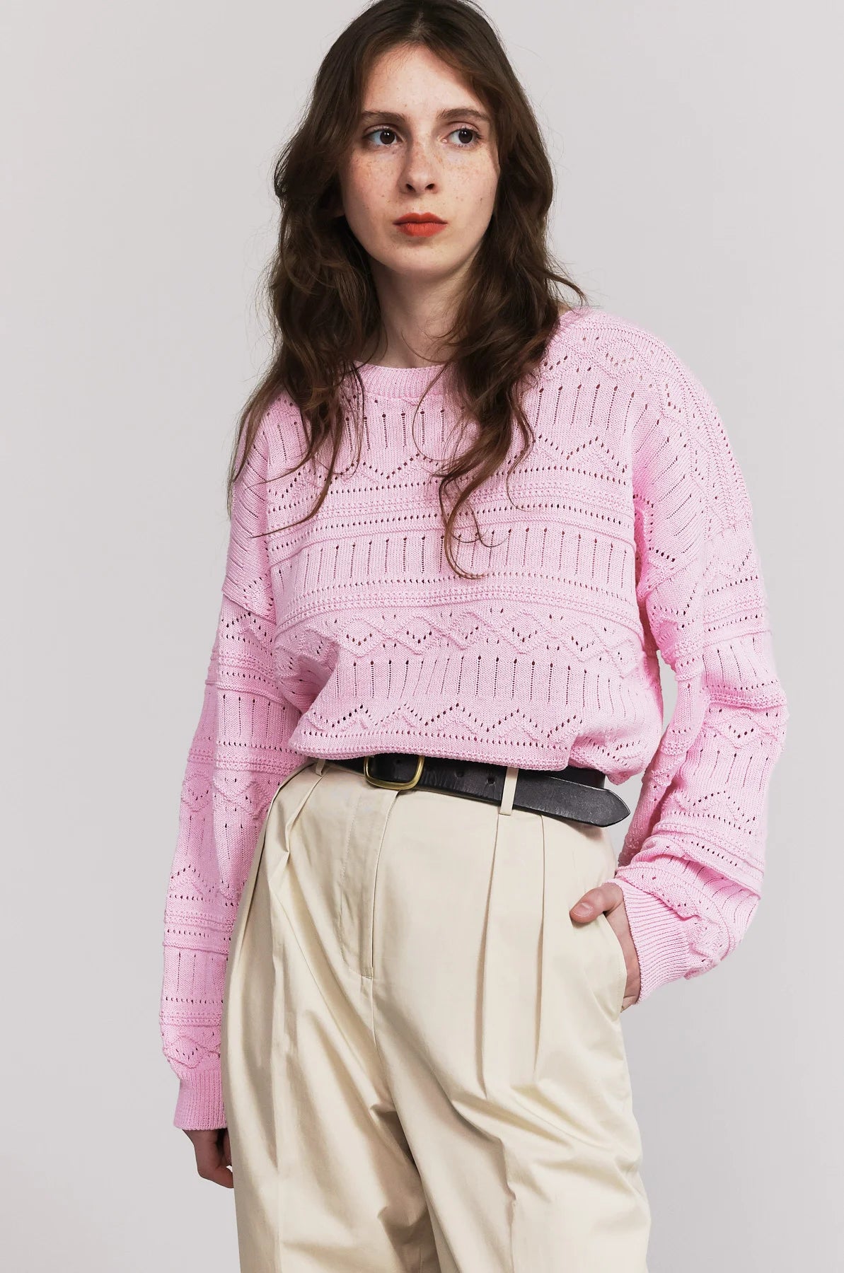 Produit maille Taline manche longues couleur rose tricoté par la marque Parisienne Tricots Jean Marc 1972.