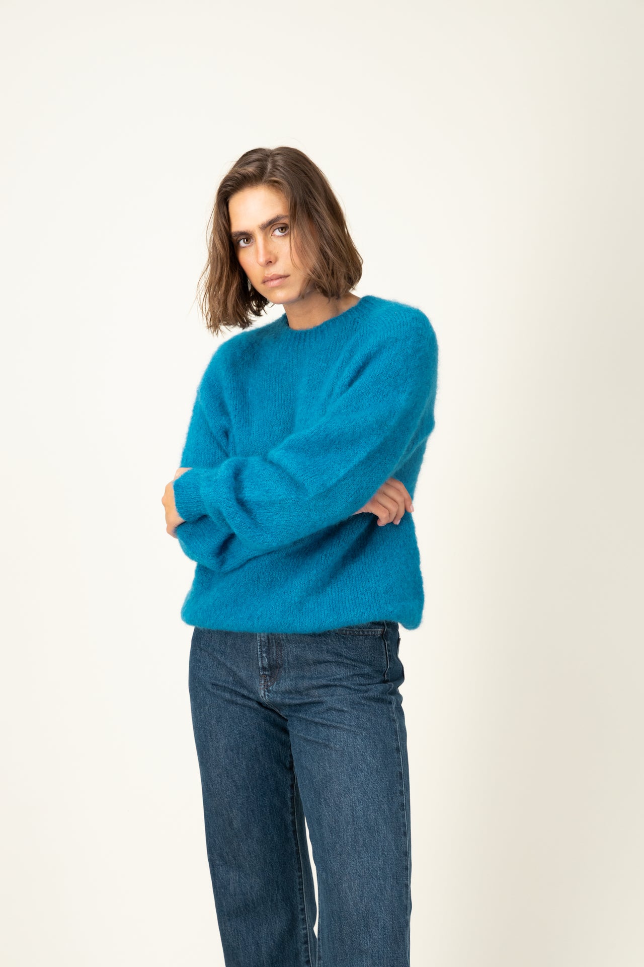 Produit Anouch col rond bleu canard confectionné par la marque Parisienne Tricots Jean Marc 1972.