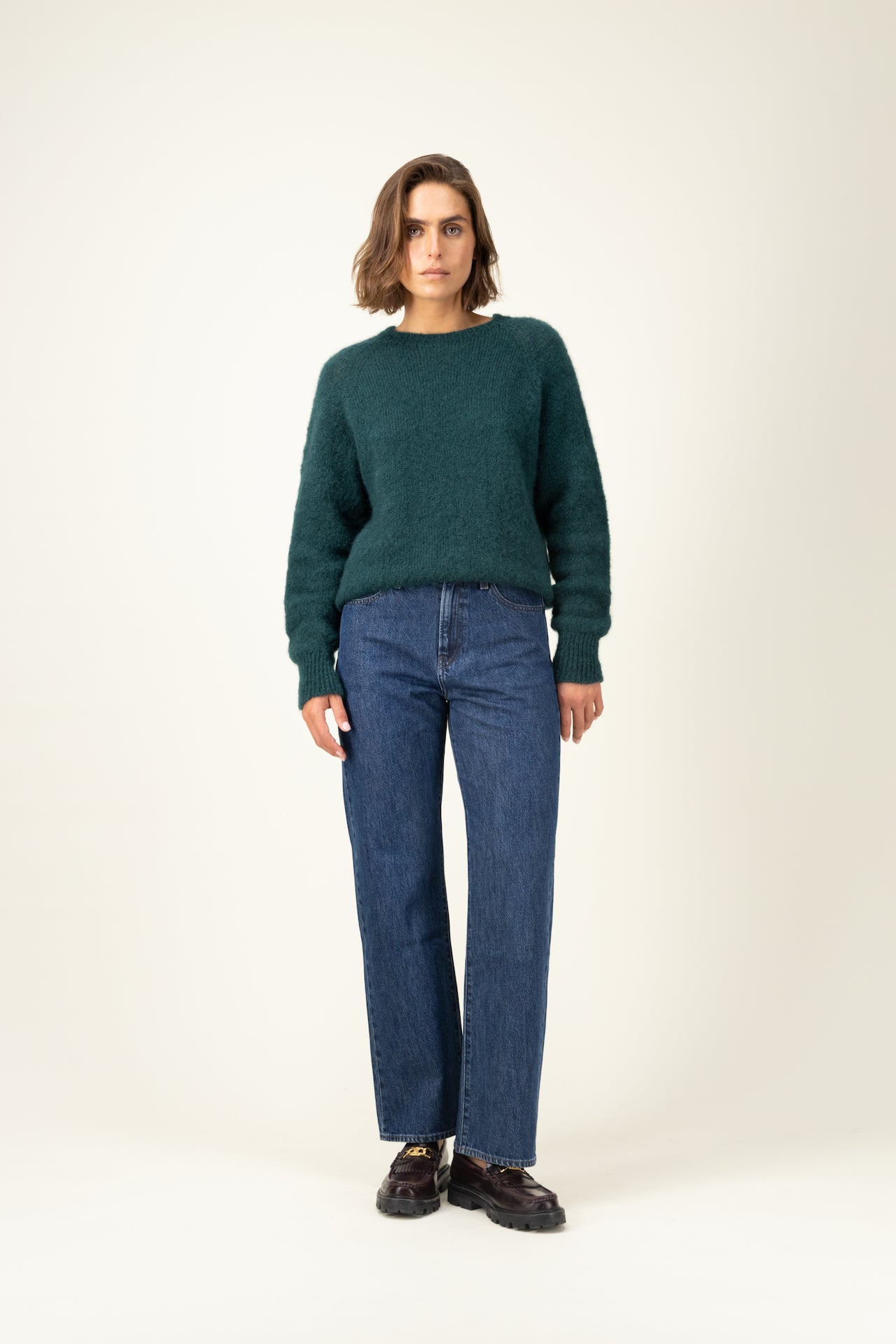 Produit Anouch col rond Vert forêt confectionné par la marque Parisienne Tricots Jean Marc 1972.