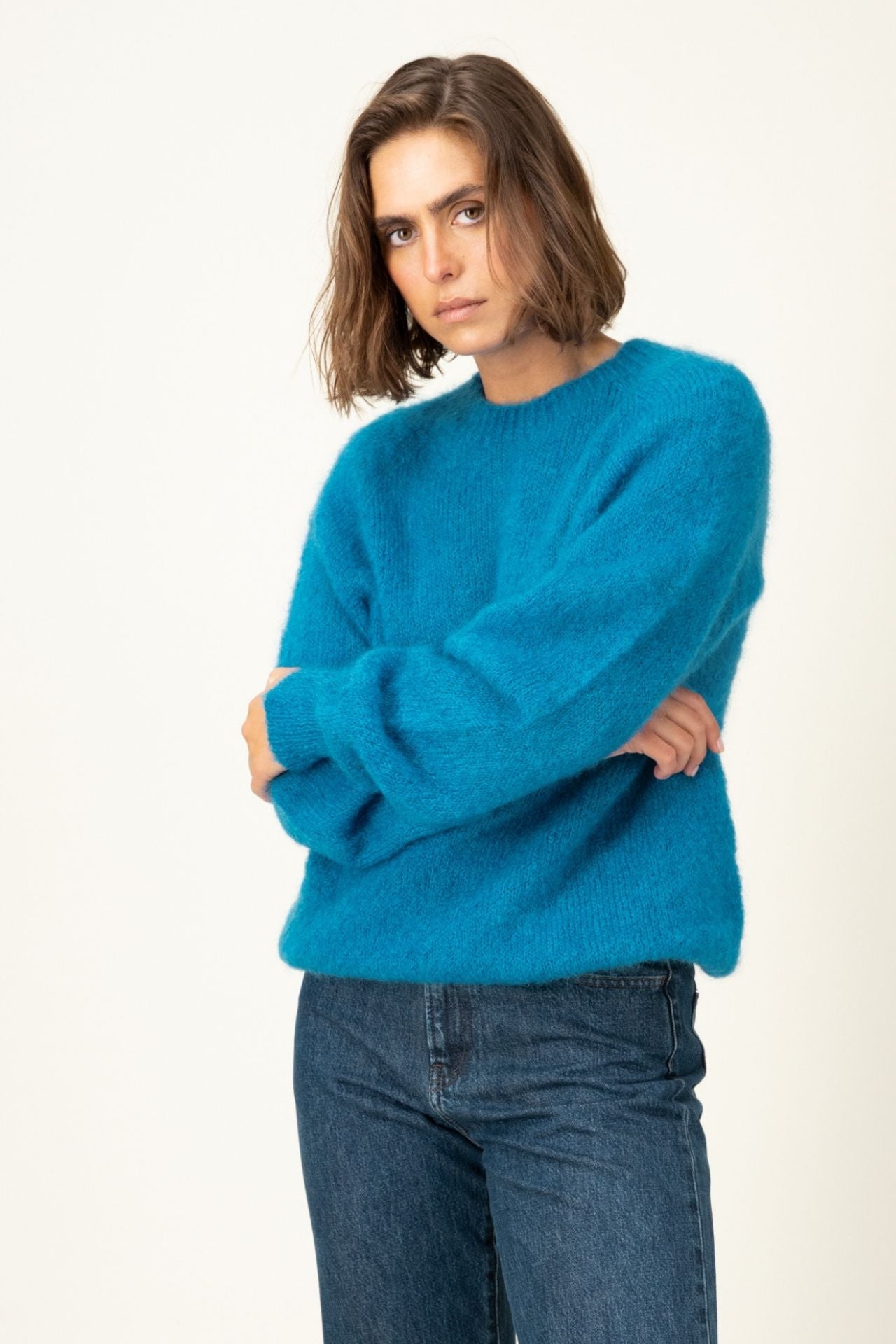 Produit Anouch col rond bleu canard confectionné par la marque Parisienne Tricots Jean Marc 1972.