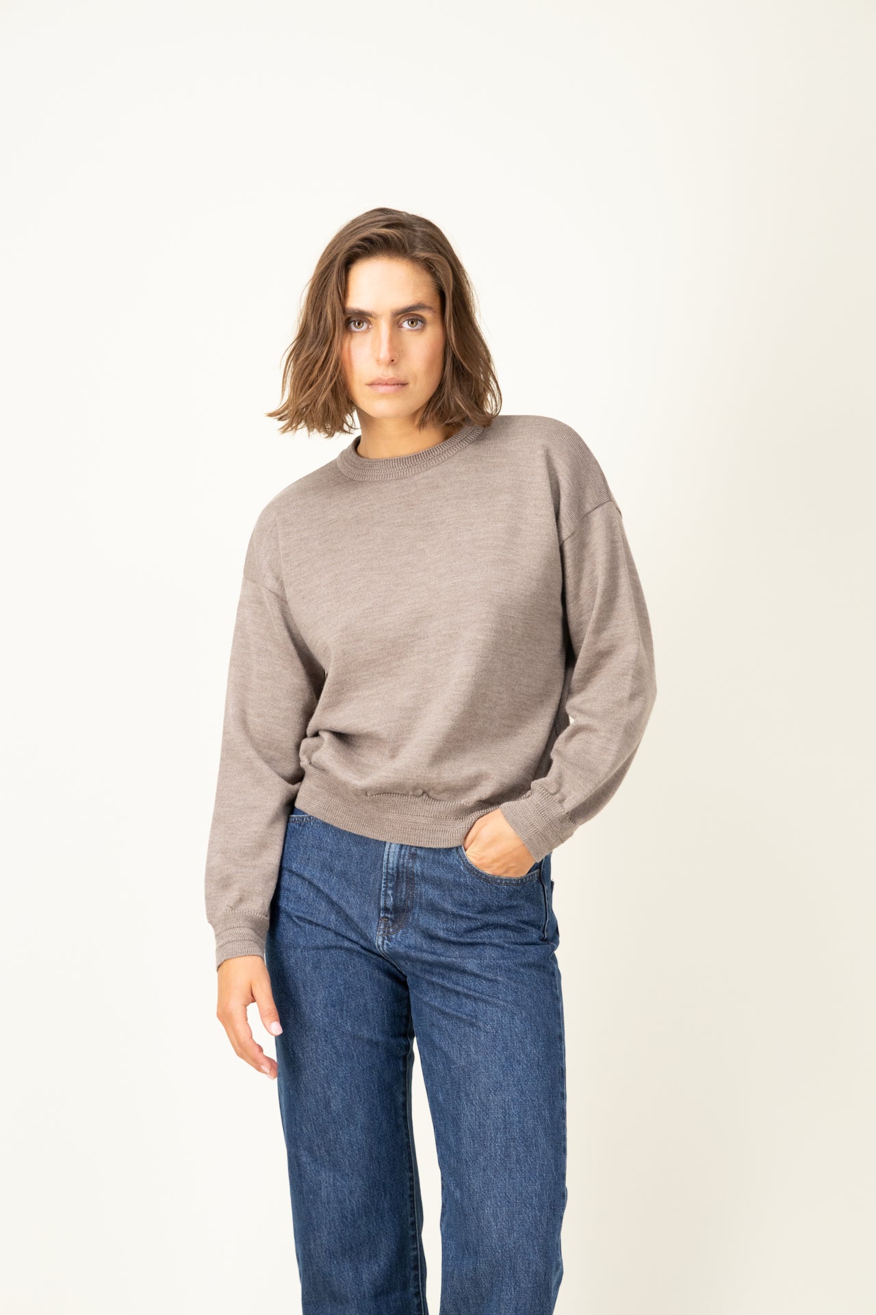 Produit Loucine col rond Taupe confectionné par la marque Parisienne Tricots Jean Marc 1972.
