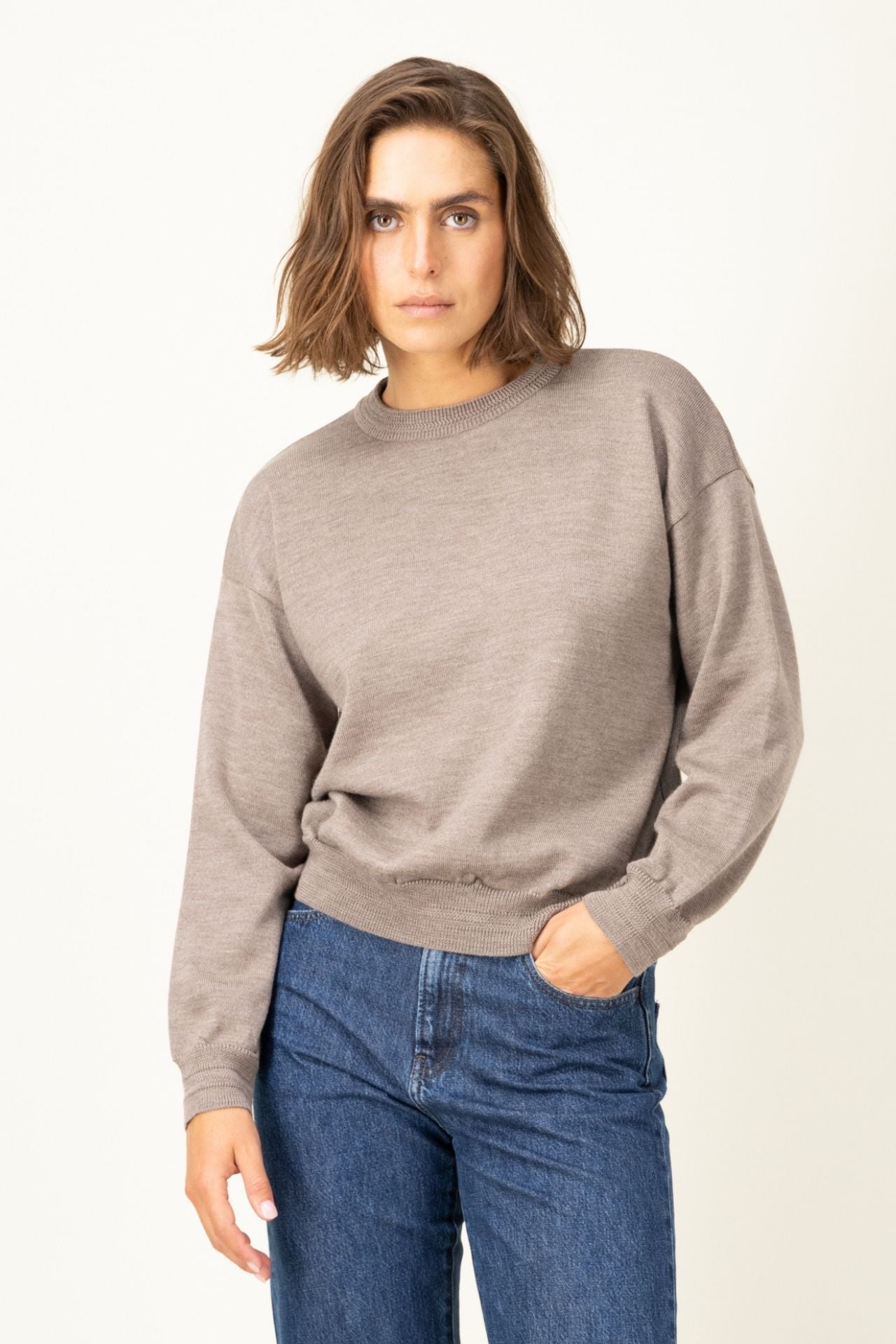 Produit Loucine col rond Taupe confectionné par la marque Parisienne Tricots Jean Marc 1972.