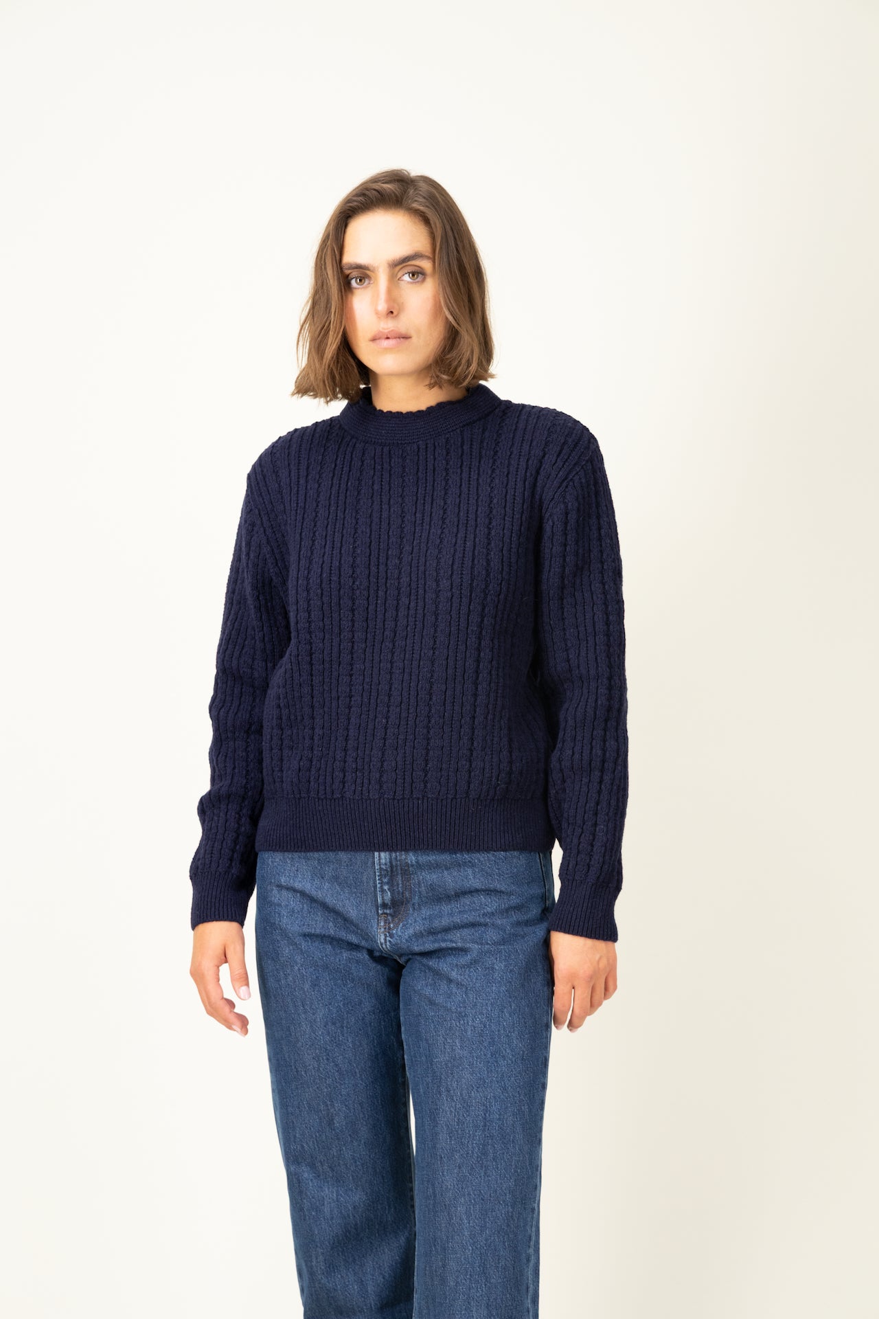 Produit Pull Méliné col rond Marine confectionné par la marque Parisienne Tricots Jean Marc 1972.