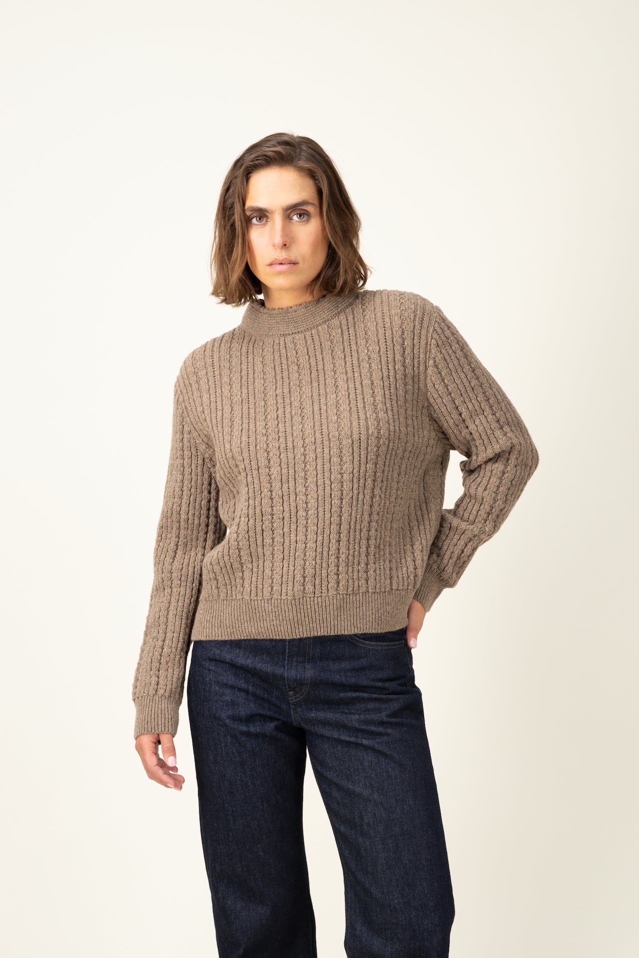 Produit Pull Méliné col rond Taupe confectionné par la marque Parisienne Tricots Jean Marc 1972.