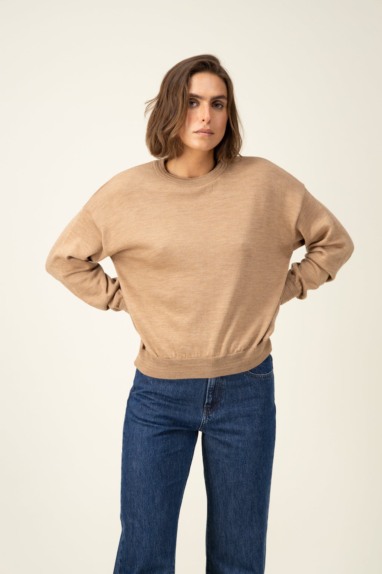 Produit Loucine col rond Camel confectionné par la marque Parisienne Tricots Jean Marc 1972.