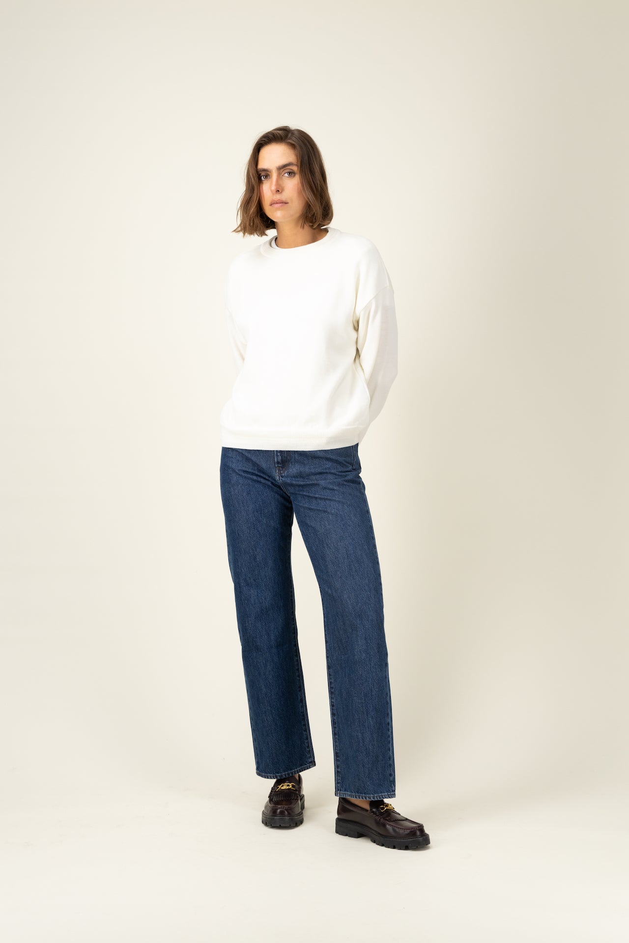 Produit Loucine col rond écru confectionné par la marque Parisienne Tricots Jean Marc 1972.