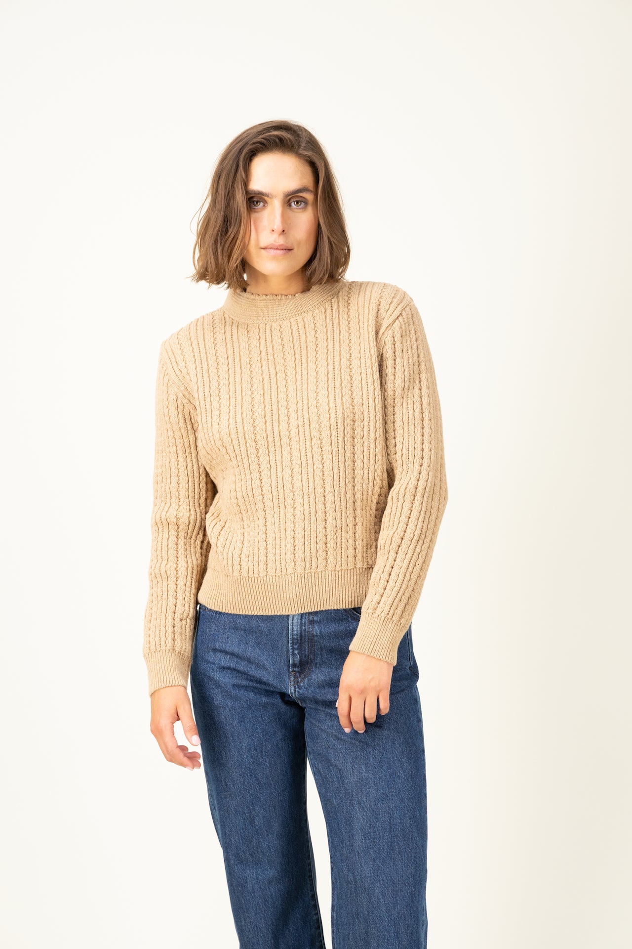 Produit Pull Méliné col rond Camel confectionné par la marque Parisienne Tricots Jean Marc 1972.