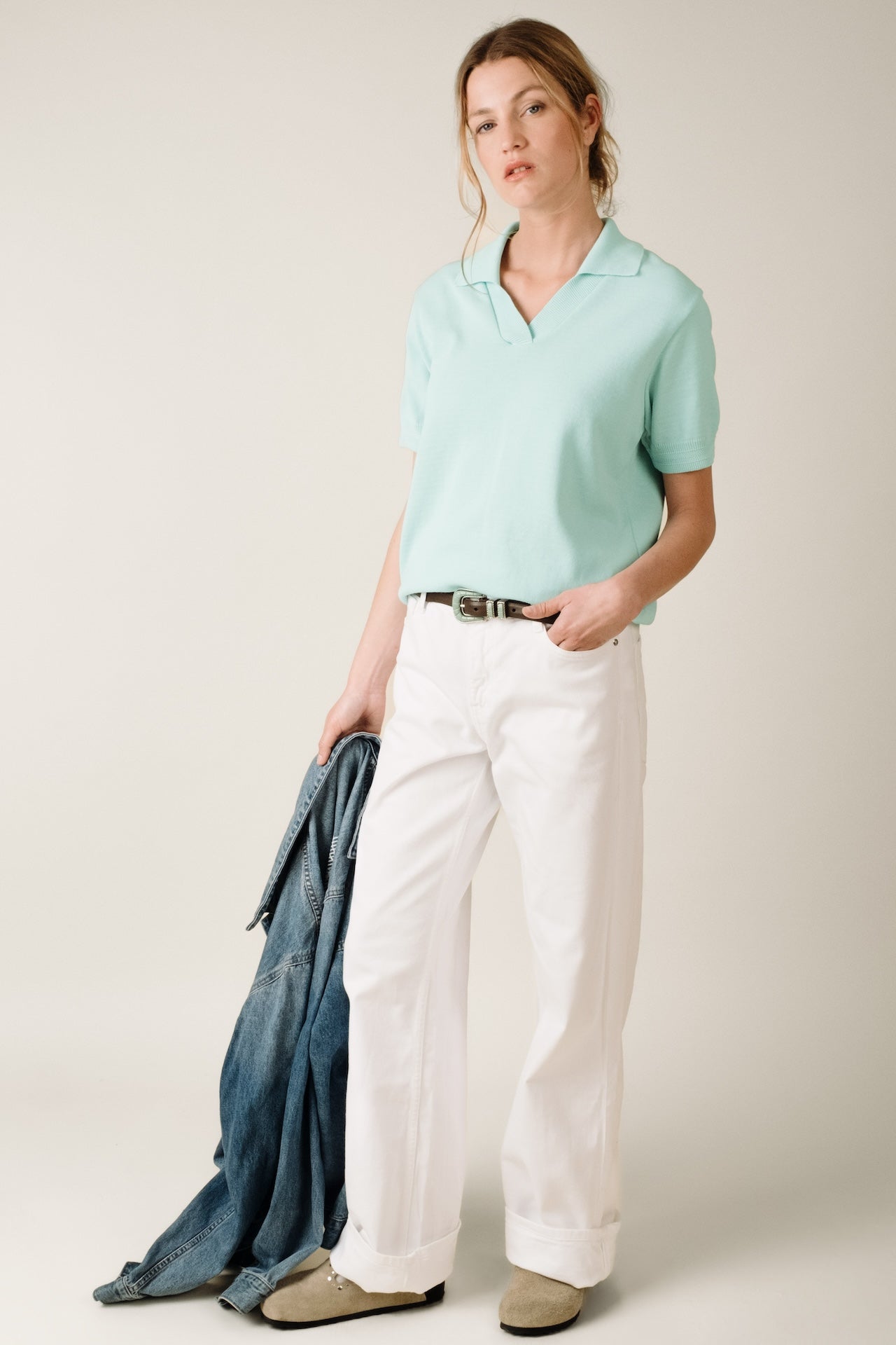 Produit Polo Loucine couleur Vert d'eau tricoté par la marque Parisienne Tricots Jean Marc 1972.